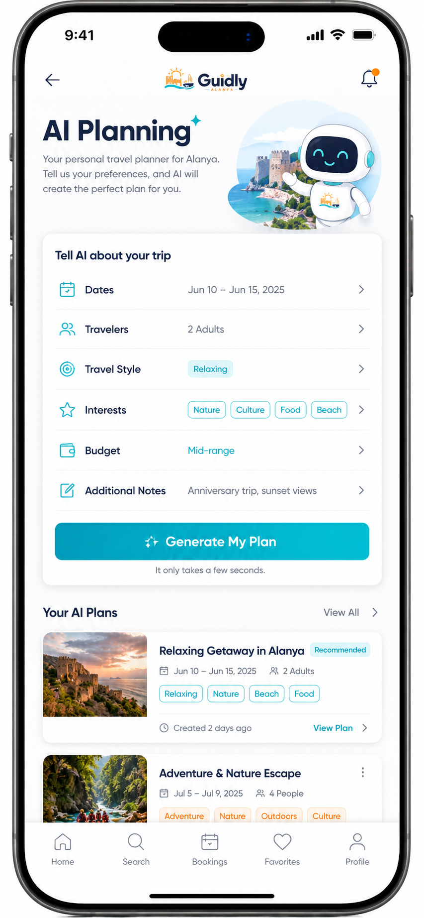 Guidly AI Planning screen for creating a personalized Alanya itinerary