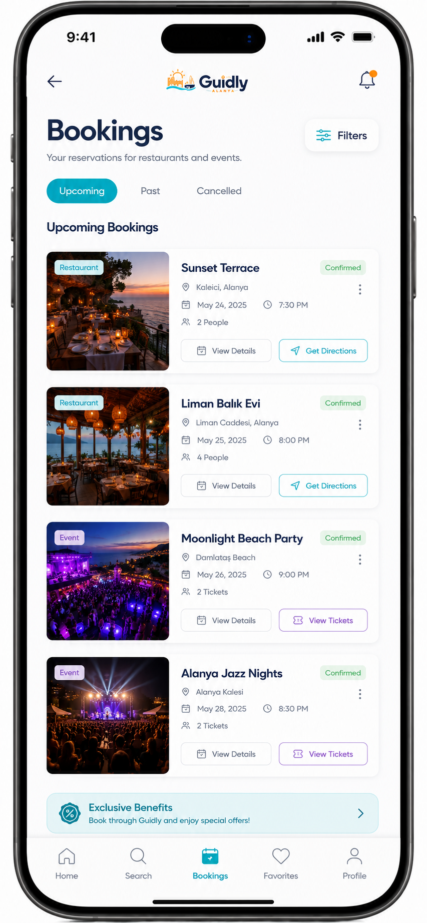 Guidly Bookings screen showing upcoming restaurant and event reservations