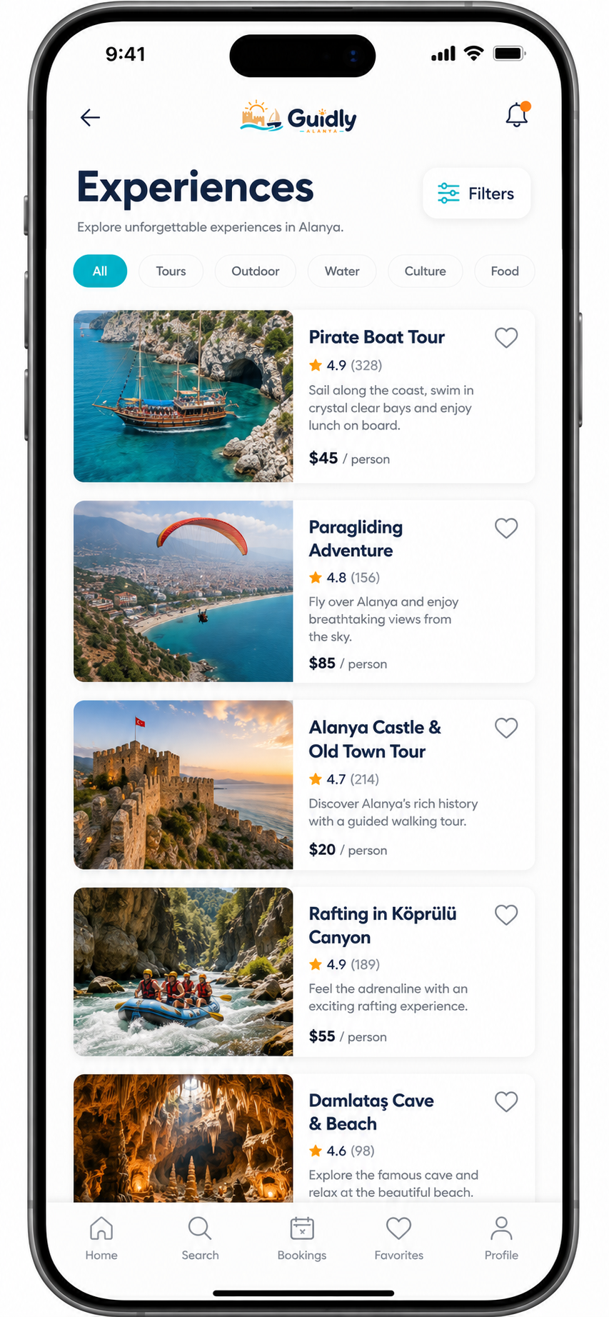 Guidly app Experiences screen showing activities in Alanya